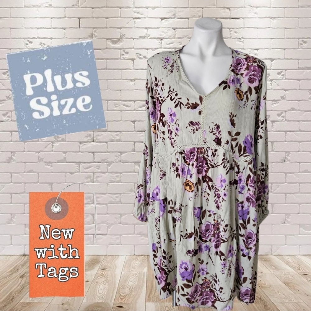 Angie Floral Plus Size Dress with Purple Accents 2X